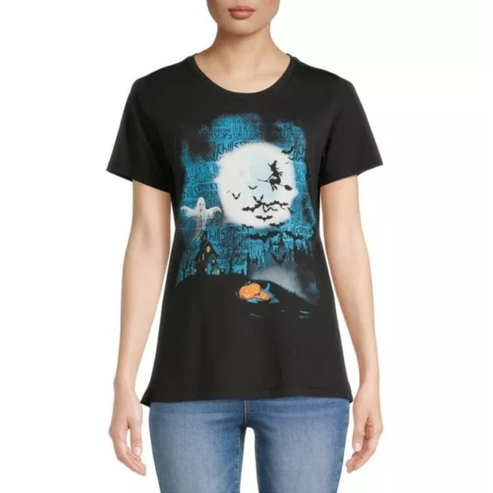 Womens Halloween Ghost Witch Black Midnight Hunting Short Sleeve Tee Shirt